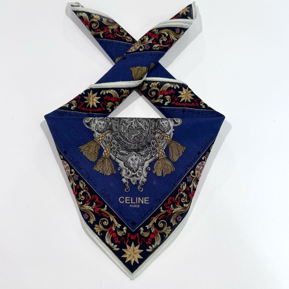 WOMEN HANDKERCHIEF CELINE Gold Blue Floral Scarf BandanaCOTTON POCKET SQUARE 18”